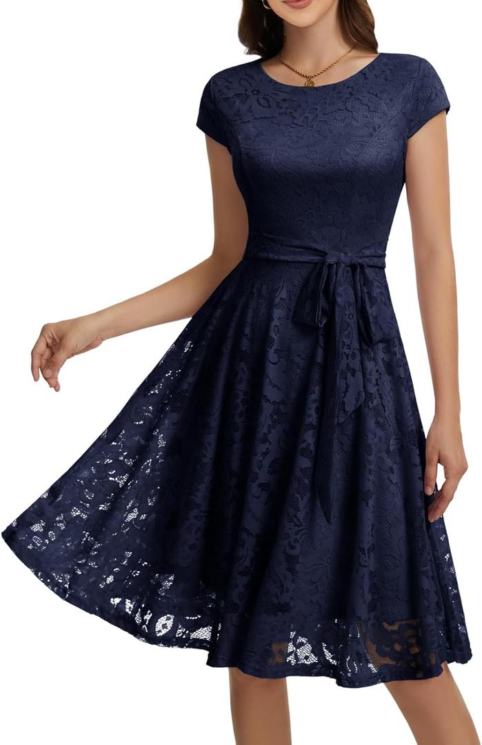MUADRESS Women Cap-Sleeve Lace Floral Elegant Cocktail Dress Crew Neck Knee Length Bridesmaid Prom Dresses for Party Navy Small