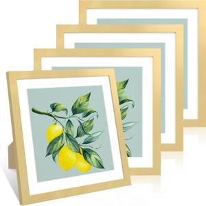 12x12 Picture Frame Set of 4, 12 x 12 Wood Photo Frames with Mat for 10x10 or 30x30cm Diamond Painting Art, Wooden Frame with Real Glass Cover for Wall and Tabletop Display, Gold