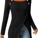 Womens Lightweight Asymmetrical Sweaters Long Sleeve Shirts Casual Fall Button Decor Tunic Tops (Small, Black)