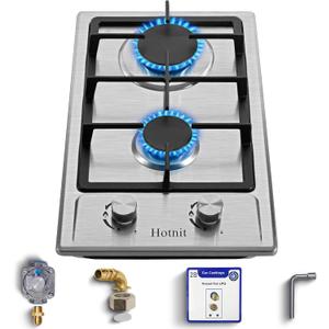 Hothit 2 Burner Propane Gas Cooktop, 12" Inch LPG/NG Dual Fuel Built-in Gas Stove Top, Stainless Steel Electronic Ignition Gas Hob for Apartment, Outdoor, RVs(L12"W20")