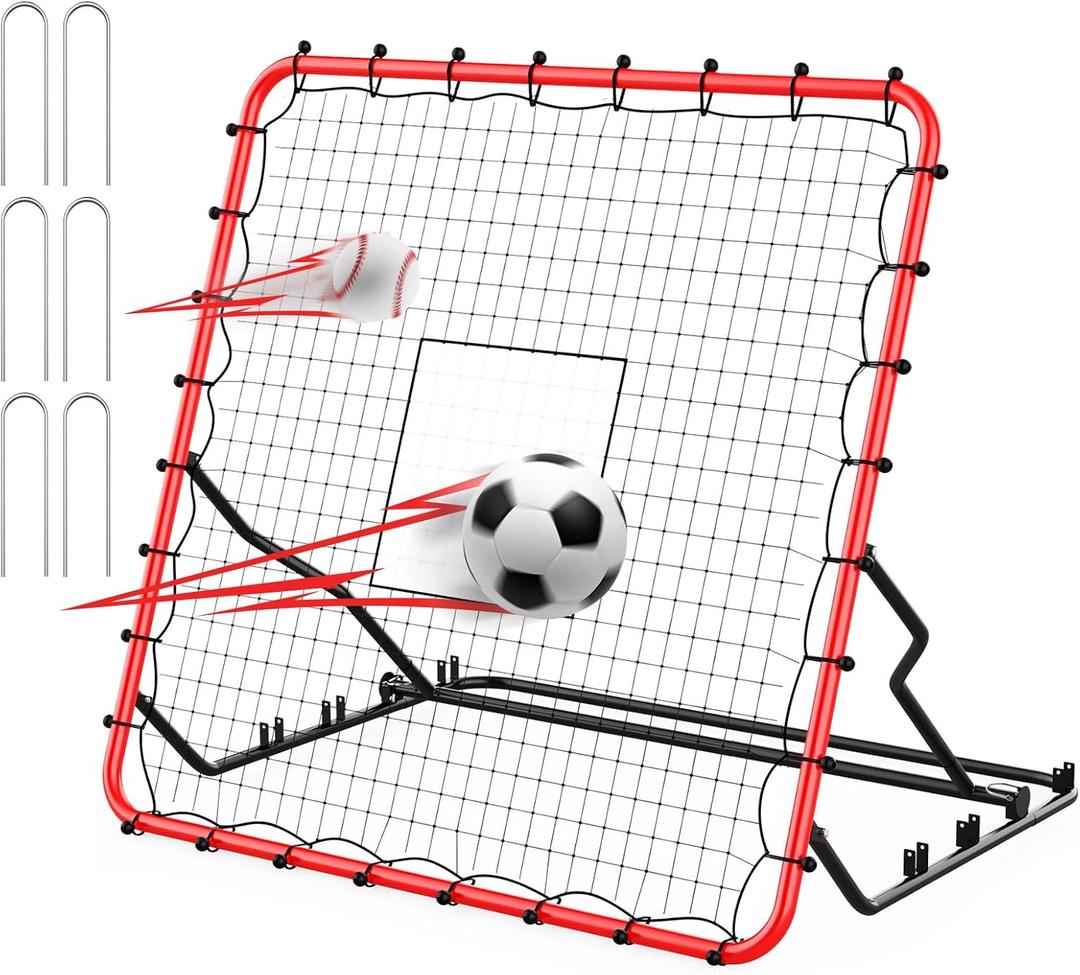 Baseball Rebounder ,4x4.5FT Soccer Rebounder with 4 Adjustable Angles, 28 Bungee Cords to Adjust Elastic, Sports Equipment for Soccer/Baseball/Softball/Volleyball Training,Pitchback Net for All Levels (Red)