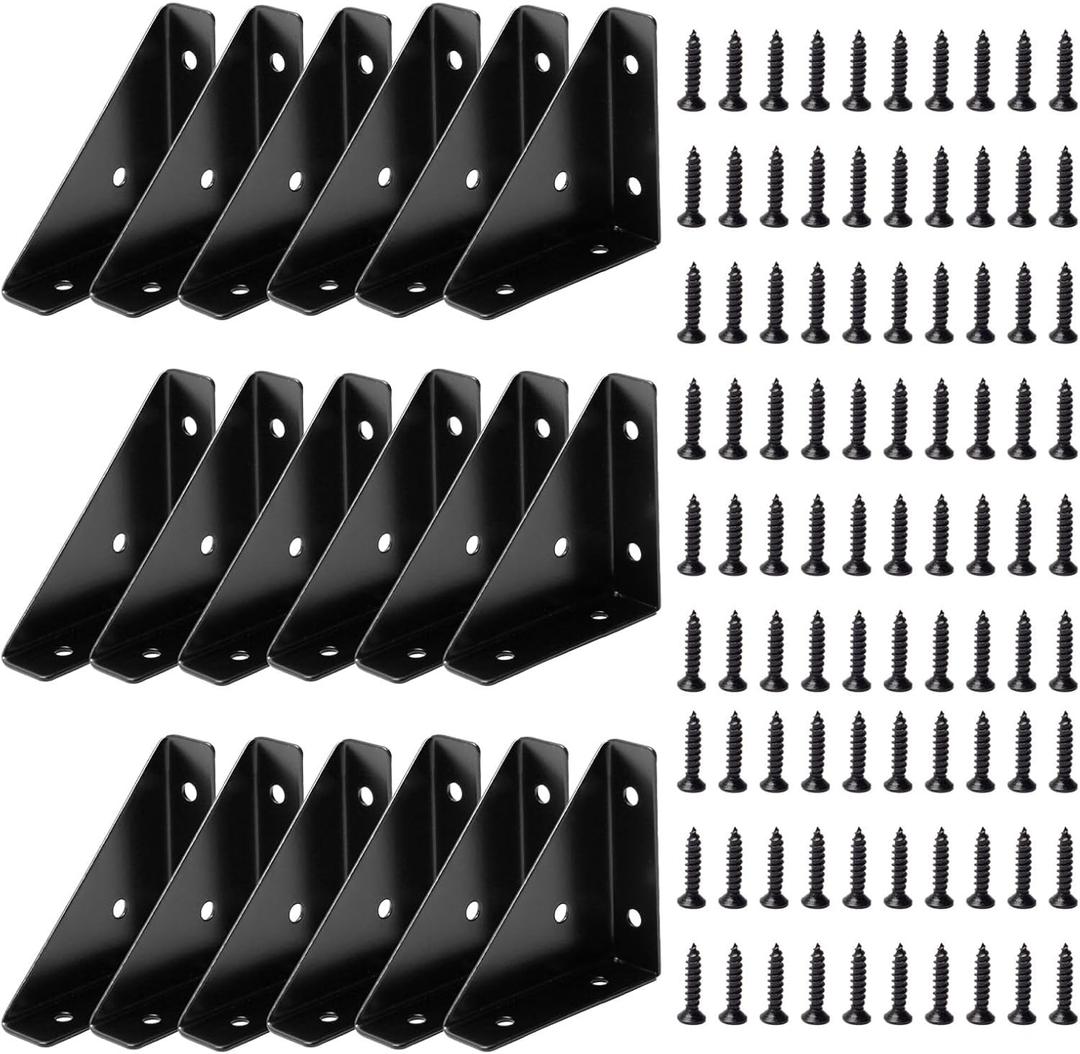 Corner Brace Brackets,18Pcs 66mm x 66mm Corner Braces for Wood, Metal Corner Brackets, Triangle Shelf Bracket, Black Angle Bracket, Corner Desk Connector for Bed, Table, Cabinet (Large)