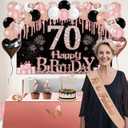 70th Birthday Decorations for Women, 49pcs Black Rose Gold Black Happy 70th Birthday Banner, Tablecloth, Butterfly Decor, Sash and Tiara, Cake Topper, Candles, Balloons Arch