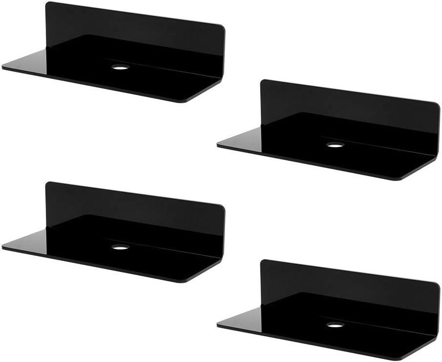 IEEK 4 PCS Small Acrylic Floating Wall Shelves,9 Inch Adhesive Display Shelf for Nintendo Switch/Smart Speaker/Security Cameras/Action Figures,No Damage Expand Wall Space,Black