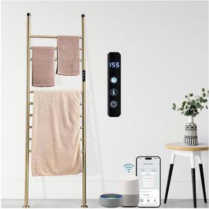 Freestanding Heated Towel Rack Electric Towel Warmer 110W Smart WiFi Voice Control 115F155F Adjustable, 24H Timer, 9-Bar Hot Towel Rack, Blanket Ladder Holder, No Installation (Brushed Gold)