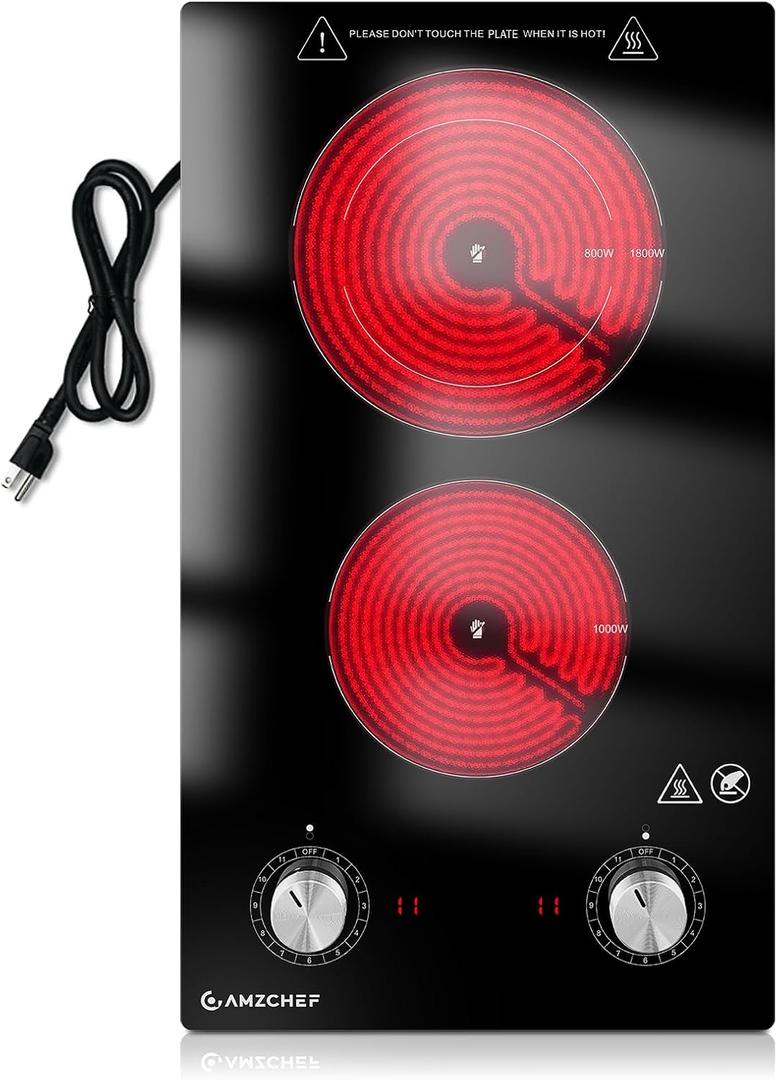 AMZCHEF 12Inch 2 Burner Electric Cooktop, 1800W/11Levels 2 Burners Stove Top With Knob Control Countertop & Built-in Radiant Electric Stove with Residual Heat Indicator
