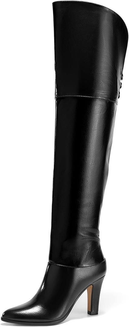 Coutgo Womens Thigh High Boots Pointed Toe Chunky Heel Wide Calf Over the Knee Boots Winter Shoes (Black)
