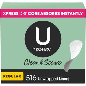 U by Kotex Clean & Secure Panty Liners, Light Absorbency, Regular Length, 516 Count (4 Packs of 129) 