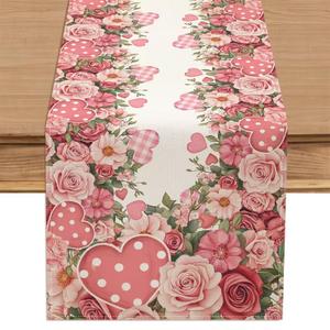2 x Flower Love Rose Valentine’s Day Table Runner, Heart Polka Dot Happy Valentine Table Decoration for Dinning Kitchen Holiday Party Home Decor 13x90 Inch