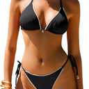 ANRABESS Women's Triangle Bikini Sets Sexy Halter String Two Piece Swimsuits Tie Lace Trim Bathing Suit Trendy Beach Swimwear (Black, Small)