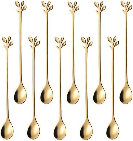 Pack of 2 AnSaw 10-Piece 7.4" Long Handle Teaspoons - Gold Leaf Design for Coffee & Tea Stirring Spoons, Elegant Stainless Steel Stir Spoons