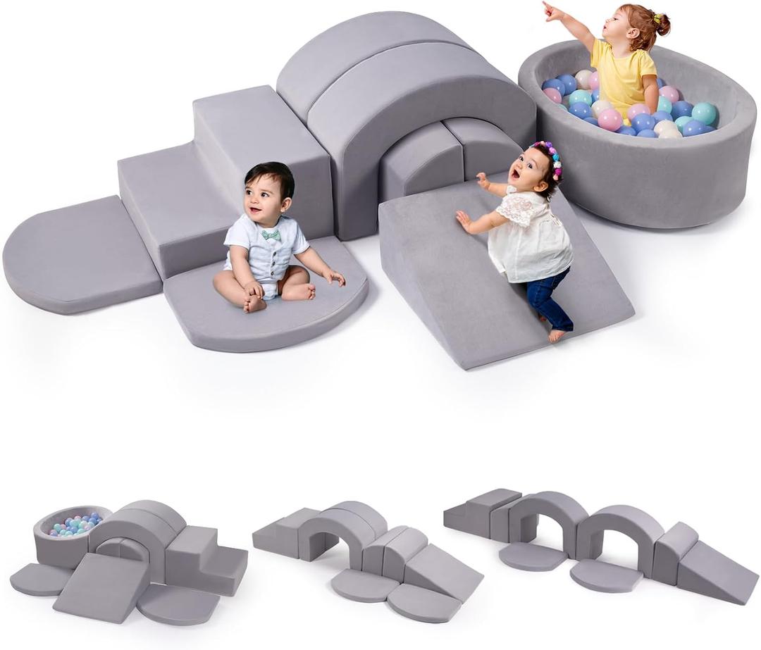 Rinnebbit 9-Piece Foam Climbing Blocks for Toddlers, Baby Climb and Crawl Soft Play Set with Ball Pit, Machine Washable Cover, Indoor Activity Play Structure, Climbing Toys for Toddlers 1-3 (Gray), 105.1"x18.9"x16.9"