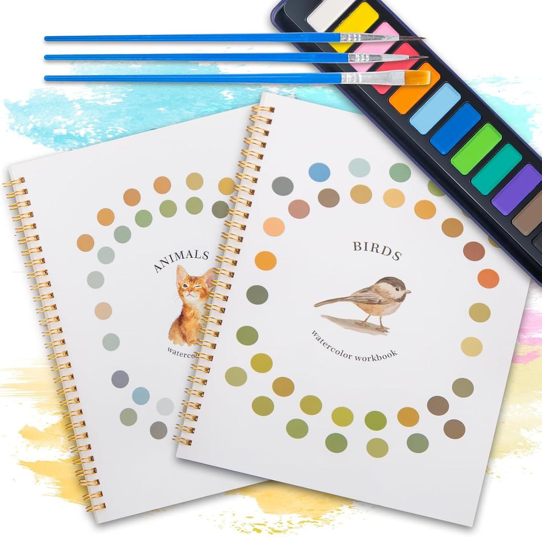 Dancart 2 Pack Beginner Watercolor Painting Set, 10.2" X 8.2" Watercolors Books with 12 Colors & 3 Brushes, Outlined Sketchbook & Guide for Beginners, Adults, Teens (Cat & Bird)