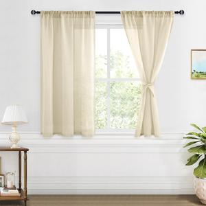 XWZO Faux Linen Sheer Curtains for Bedroom with Tiebacks- Light Filter Half Privacy Rod Pocket Window Treatments for Kids Room/Small Windows/Nursery, Beige, W36 x L45 Inch Length, Set of 2 Panels