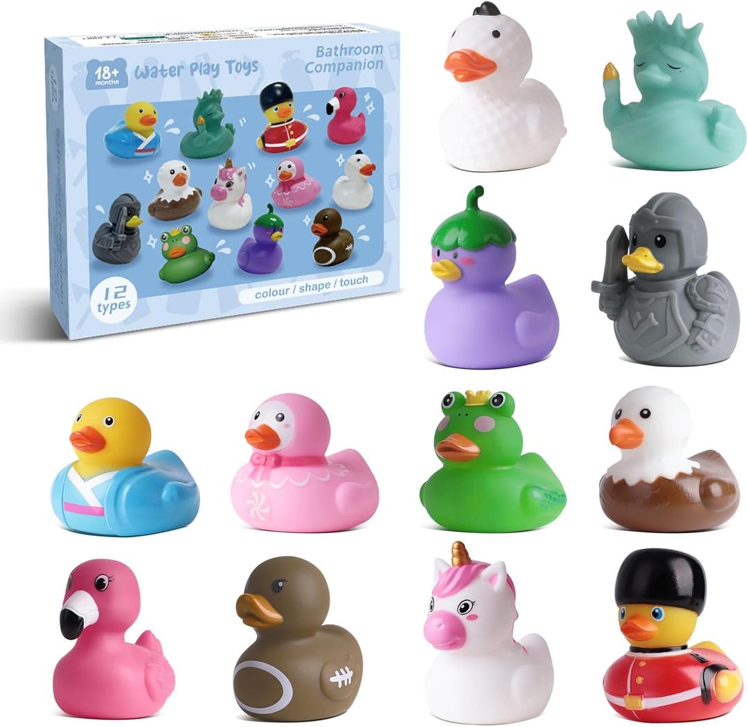 12 Rubber Ducks, Toddler Bath Toys, No-Hole Bathtub Toys for Baby Pool Toys for 18+ Months Girls Boys