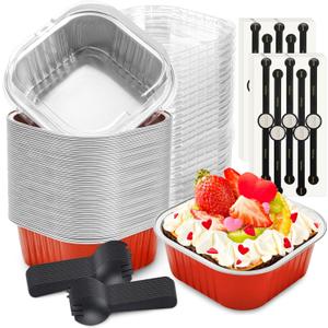 60 Pack Mini Cake Pans with Lids Mini Aluminum Pans, Disposable Loaf Pans Cupcake Liners with Lids for Pudding, Souffle, Party, Wedding(Red, 10 oz)