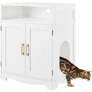 Cat Litter Box Furniture, Cat Washroom House Hidden Litter Box Enclosure, Wooden Nightstand End Table, Indoor Pet Furniture Cabinet Pet Crate (White, 2 Entrances)