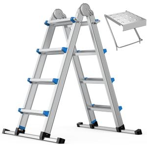 13.5FT Aluminum Foldable Extension Ladder - Heavy-Duty A-Frame Adjustable Design for Home & Work, 330lbs Capacity, Retractable System with Safety Lock