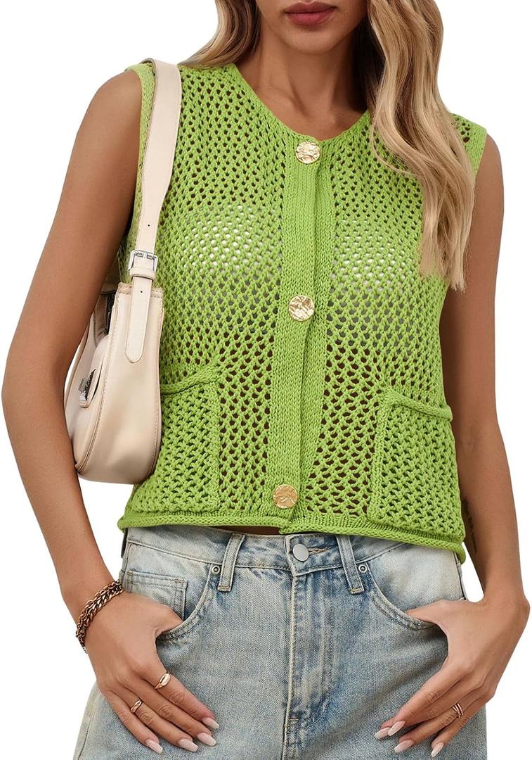 Saodimallsu Womens Crochet Sweater Vest Button Down Sleeveless Crew Neck Boho Knit Crop Tank Tops Summer Cardigans (Green, M)