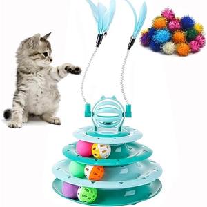 Vealind Cat Toy Roller 4-Level Turntable Cat Toys Balls with Colorful Pom Pom Balls Interactive Fun Mental Physical Exercise Puzzle Kitten Toys (Green)