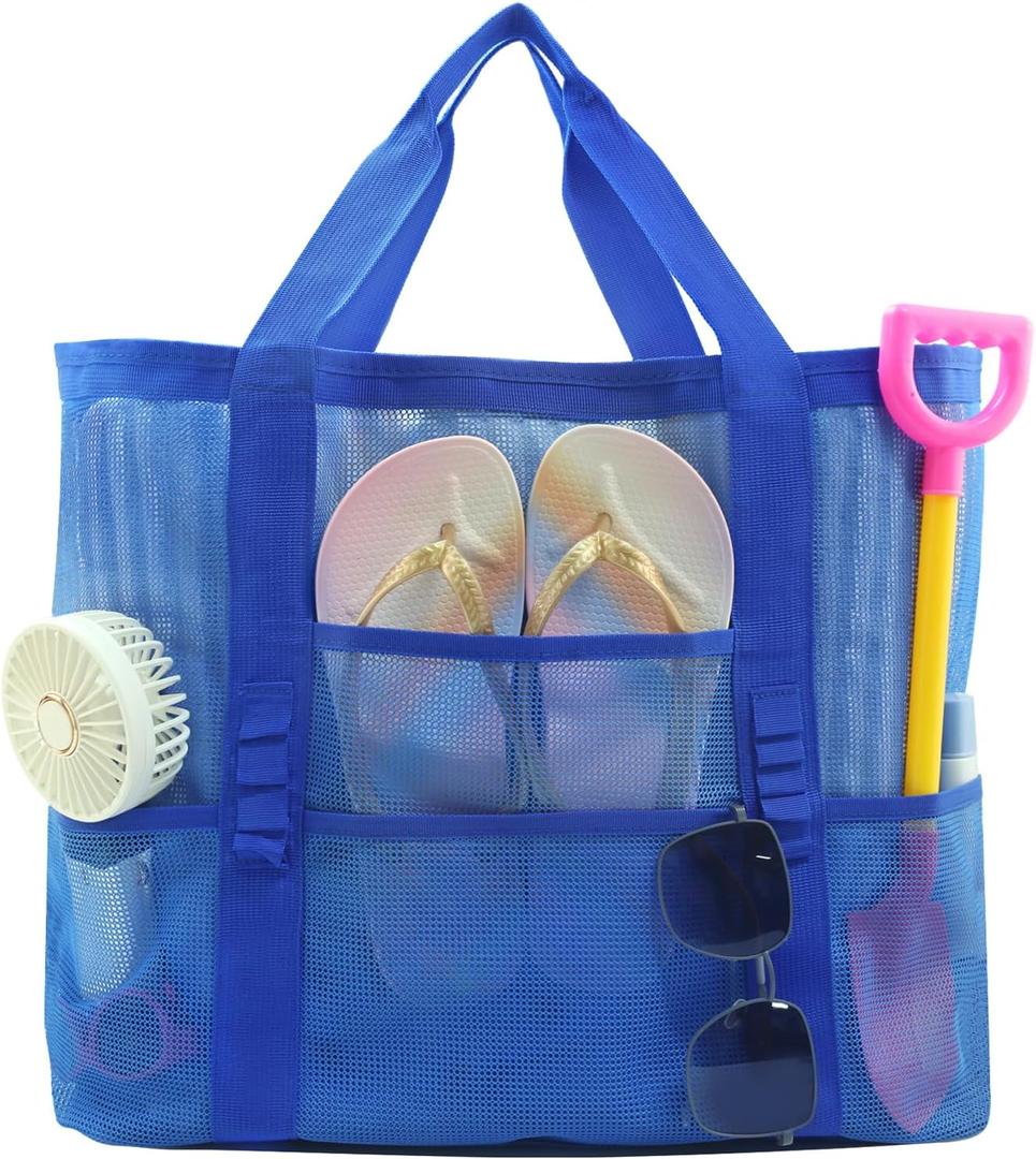Large Mesh Beach Tote Bag, 9-Pocket Foldable Summer Vacation Beach Bag for Travel, Pool, Gym, Cruise