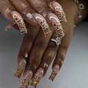 IMSOHOT Curved Press on Nails Long Square Fake Nails with Leopard Print Design Gold Beads, Nude White Gradient False Nails Glossy Full Cover Extra Long Glue on Nails for Women (77B-0002White&Brown)