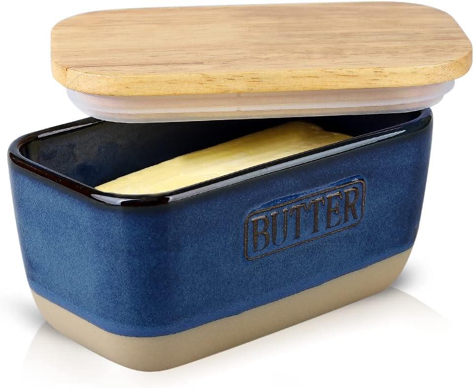 HVH Ceramic Butter Dish with Lid for Countertop, Airtight Butter Keeper with Wooden Lid, Butter Dishes with Covers, Ceramic Butter Container for East West Coast Butter, Farmhouse Style (Blue)
