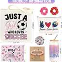 JoycuFF Soccer Gifts for Girls Soccer Stuff Accessories Gifts Sport Lovers Gift Include Glass Cup, Makeup Bag, Canvas Bag, Bracelet, Hair Scrunchies, Stickers for Team Player Birthday Gifts for Women