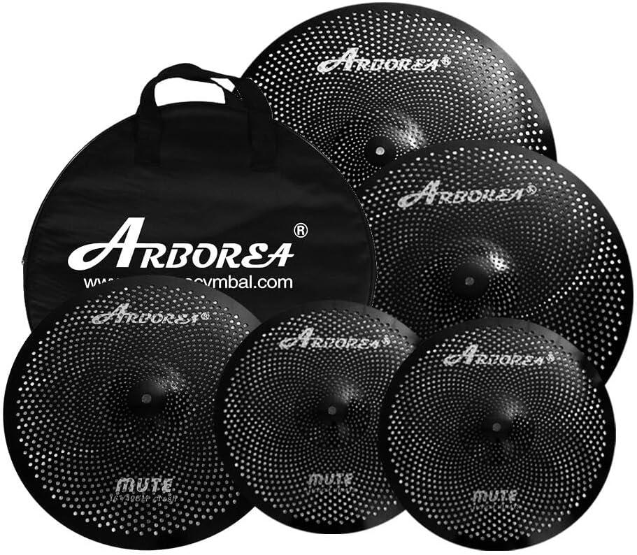 Arborea Low Volume Cymbal Pack Black 14"hi-hat+16"crash+18"crash+20"ride 5 Pieces Practice Mute Cymbal Set for Drums