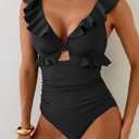Aidonger Women's One Piece Swimsuit Tummy Control Ruffle Bathing Suit V Neck Ruched Swim Suit Slimming Cutout Swimwear (Black, XL)
