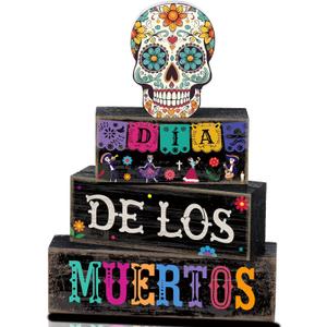 Lineshading 4 Pcs Day of The Dead Table Decorations Day of The Dead Centerpiece for Table Dia De Los Muertos Tiered Tray Decor Wood Sugar Skull Block Signs for Halloween Party Home Shelf Decoration
