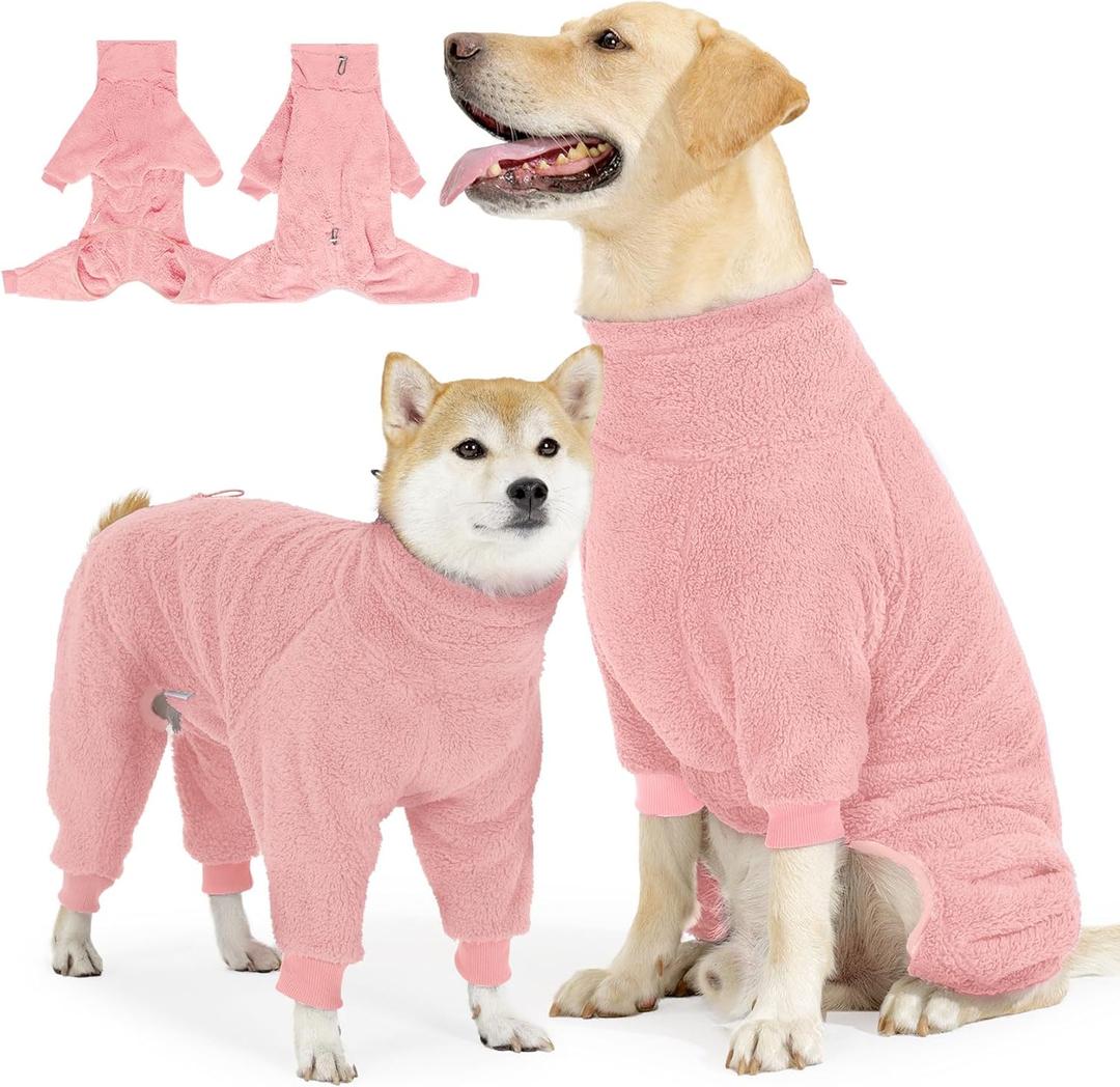SlowTon Dog Winter Coat - Fuzzy Pullover Pajamas, Soft Fleece Windproof Cold Weather Dog Jacket Cozy Onesie Jumpsuit Outfit 4 Legged Clothes with Leash Hole  (Pink, M) (M (Back: 16.5"))