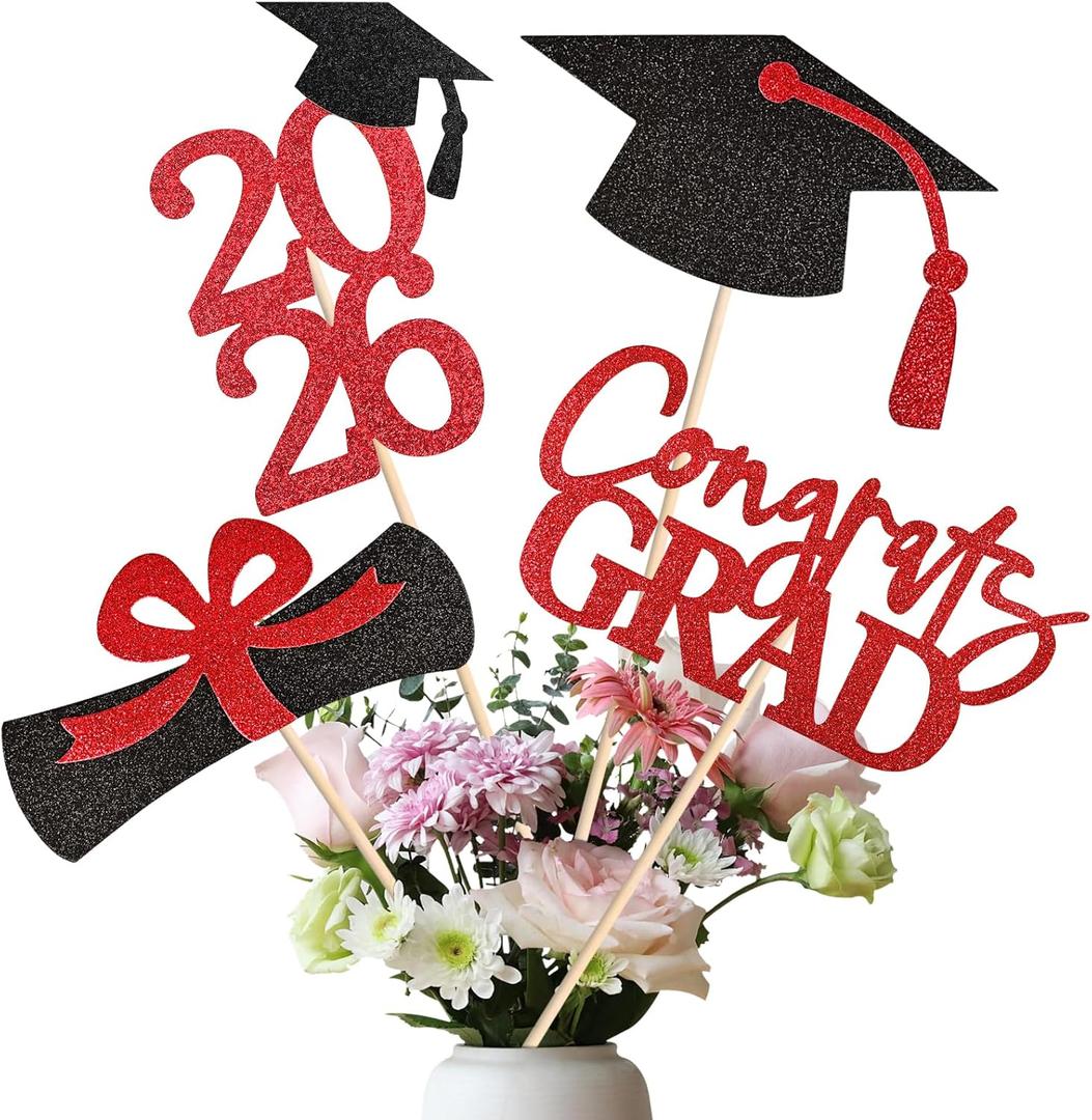 20 PCS Graduation Decorations Class of 2026, Black and Red Double-Sided Centerpieces, Grad Cap Sticks, Table Toppers, Graduation Party Decorations
