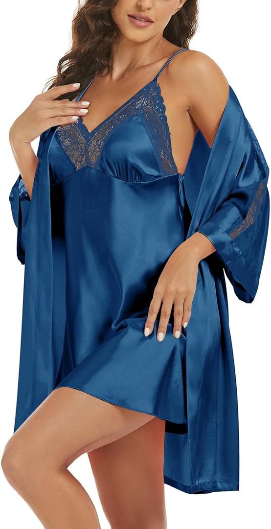 Women's Silk Pajama Sets Satin Robe with Nightgown 2 Piece Sleepwear Sexy Lace Cami Nightwear Kimono Bridesmaid Robes (Large, Navy)