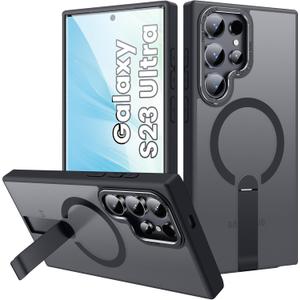 for S23-Ultra Case, Strong Magnetic Compatible with MagSafe for Samsung Galaxy S23 Ultra Case, Adjustable Invisible Kickstand, Translucent Matte Shockproof Case for Samsung S23 Ultra, Black
