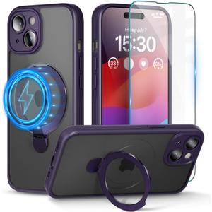 pcgaga Magnetic Phone Case for iPhone 15 [Compatible with Magsafe ] [Built-in Invisible Stand] + Screen Protector, Translucent Matte PC Cover with Slim TPU Frame 6.1" (Purple)