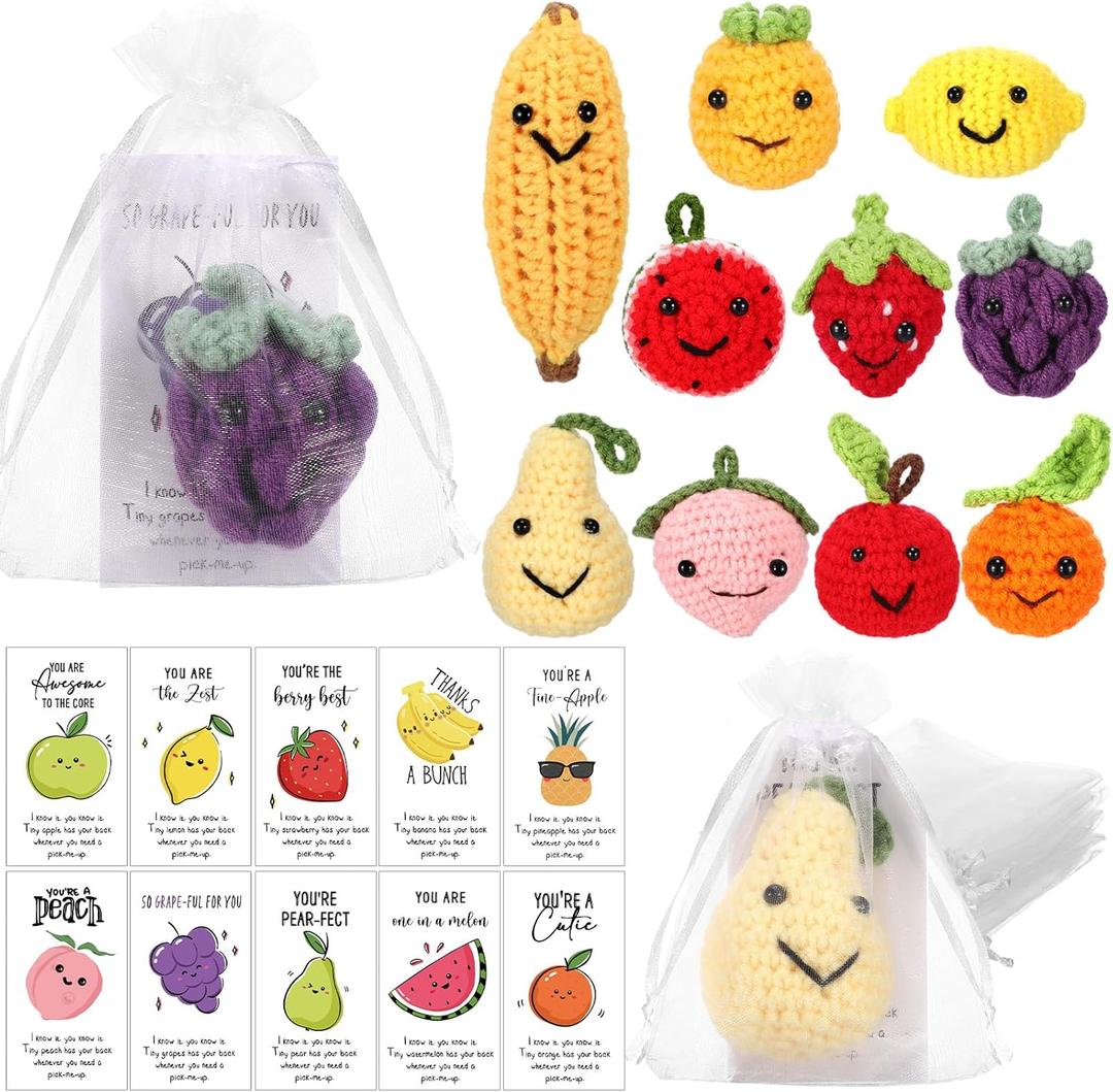 Shappy 20 Sets Inspirational Positive Fruit Gift Cute Funny Wool Knitted Fruit Mini Valentines Coworker Appreciation Gift Motivational Pun Card Valentine's Day Party Favor for Teacher Employee Staff