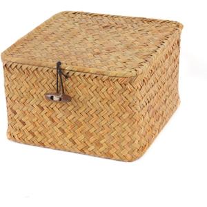 Wicker Shelf Baskets with Lid, Handwoven Seagrass Storage Basket Bins Square Gift Boxes for Shelves Home Decor Organizer (Natural, X-Small)