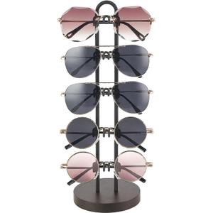Mkono Sunglasses Organizer Glasses Holder Stand Sunglass Storage Eyeglasses Rack Metal Frame with Wood Base for 5 Pairs of Eyewear Display for Table Desk Countertop Dresser Bedroom, Set of 1, Black