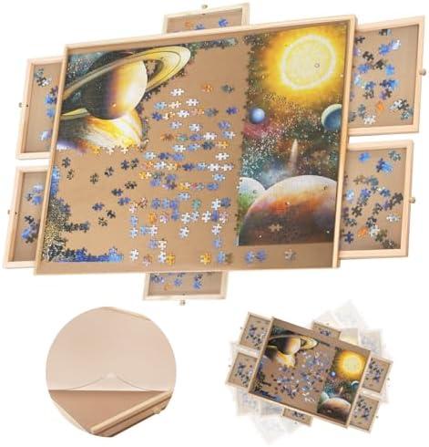 Nattork 1500 Piece Wooden Jigsaw Puzzle Board - 6 Drawers, Rotating Puzzle Table, Jigsaw Puzzle Table with Cover - Portable Puzzle Tables for Adults and Kids