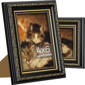 upsimples 4x6 Picture Frame with Real Glass, Ornate Vintage 4 x 6 Photo Frames for Wall Decor or Tabletop Display, Black and Gold, 2 Pack