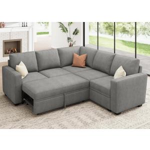 HONBAY Modular Sectional Sleeper Sofa with Pull Out Bed, Chenille L Shaped Couch with Storage Seats, Convertible Sectional Couches for Living Room, Warm Grey