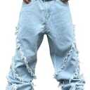DFGIGT Mens Baggy Jeans Street Rock Style Fringe Frayed Edges Jeans Patchwork Wide Leg Skater Denim Pant Size M