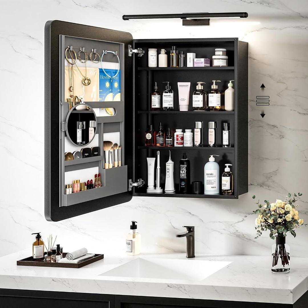 24x30 Black Medicine Cabinet Mirror, Recessed or Surface Mount | Built-in makeup organizer with lipstick slots, Brush holders and inner mirror; 3 adjustable shelves; Rustproof aluminum
