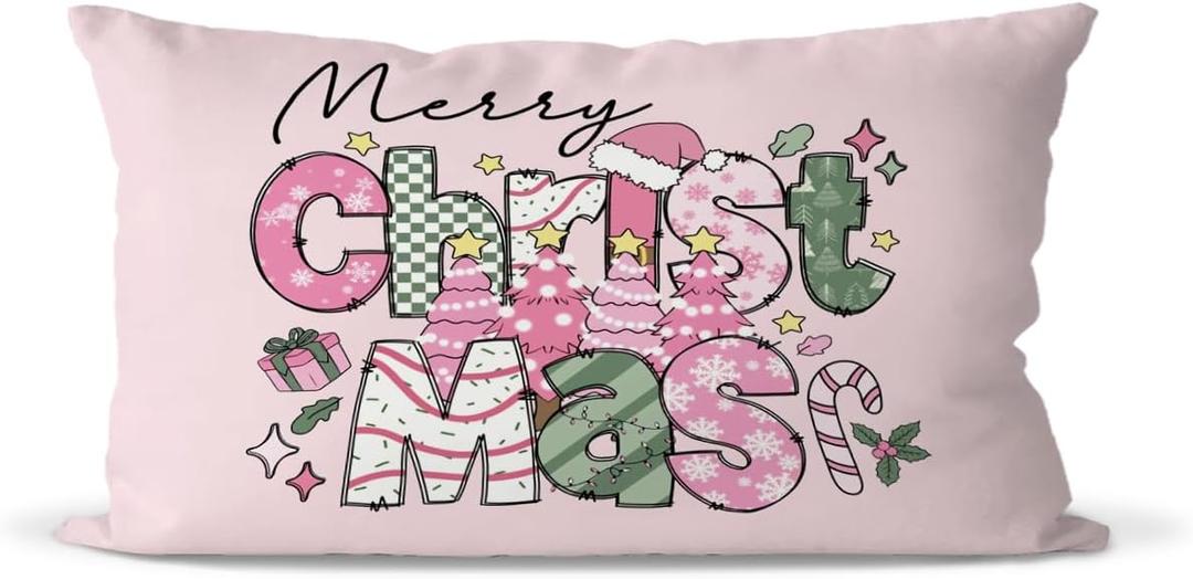 Pink Cute Christmas Pillow Covers 12x20 Inch, Trendy Cute Pink Christmas Decorations Pillows, Decorative Throw Pillow Case, Xmas Lumbar Cushion Covers for Home Party Room Bed Couch Sofa