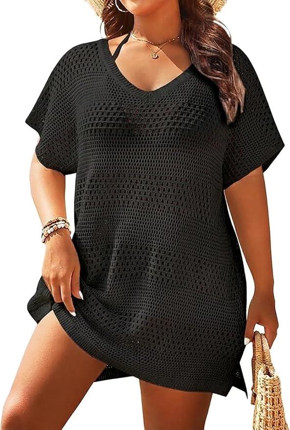 Plus Size Swimsuit Cover Up Crochet Bathing Suit Short Sleeve Beach Dress Side slits for fluid movement, stylish knit patterns, soft skin-friendly acrylic fabric One Size