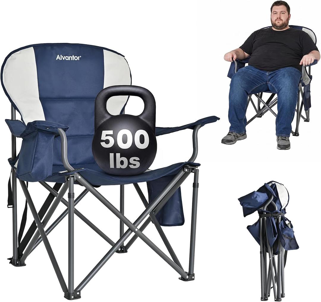 Alvantor Heavy Duty Folding Camping Chair, 500 LBS Oversized Outdoor Chair with Padded 600D Nylon Seat, Insulated Cooler Pocket, Portable for Hiking, Sports, Backyard, Upgraded 500LBS