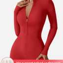 YEOREO Women Long Sleeve Workout Jumpsuit Zip Up Romper Bottom Pants Bodysuit Bodycon Sexy One Piece (Red, L)