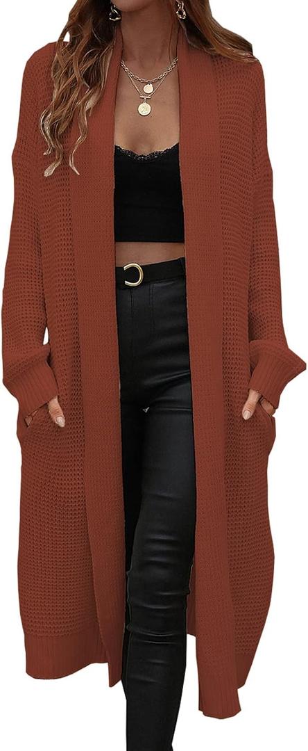 kinstell Womens Casual Waffle Knit Long Cardigan Maxi Long Sleeve Open Front Sweater Coat Outerwear XL 