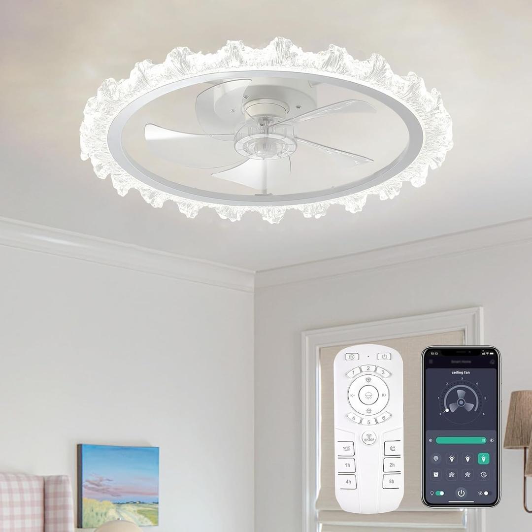 Ceiling Fans with Lights, 20 Inch Ceiling Fan with Light and Remote, Low Profile Reversible White Fandelier Ceiling Fan, Dimmable LED, Flush Mount, DC Motor, for Bedroom, Kitchen, Office